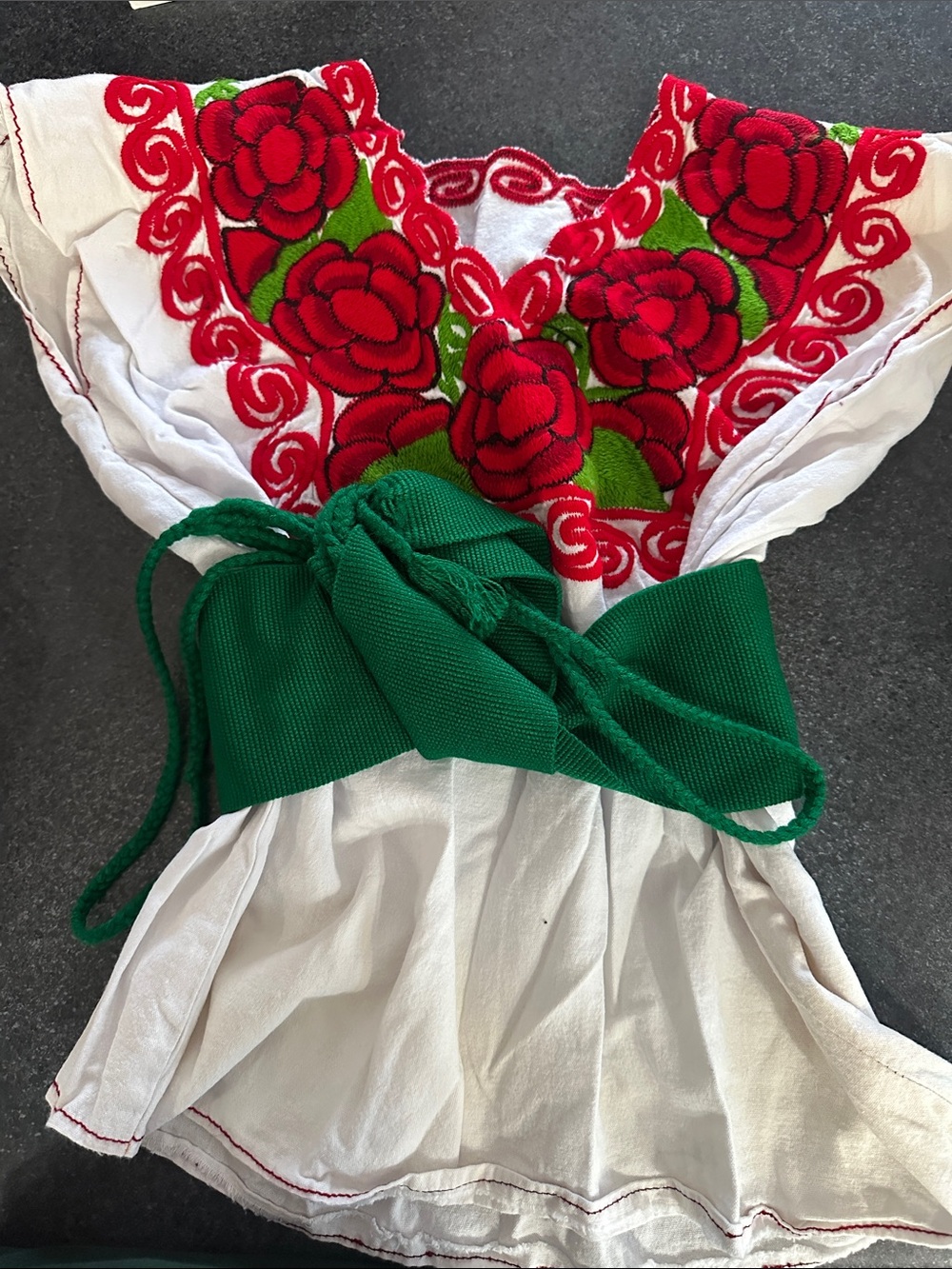 Embroidered White Peasant Blouse with Red Floral Yoke and Green Sash